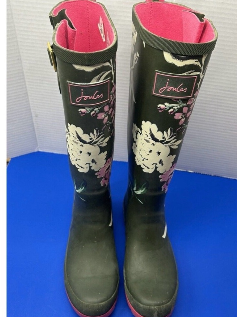 Joules Dark Green Floral Tall Rain Boots with Pink Lining